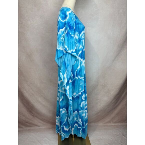Vintage Hawaiian Kaftan Accordion Pleats Large XL Blue Floral - Picture 5 of 11